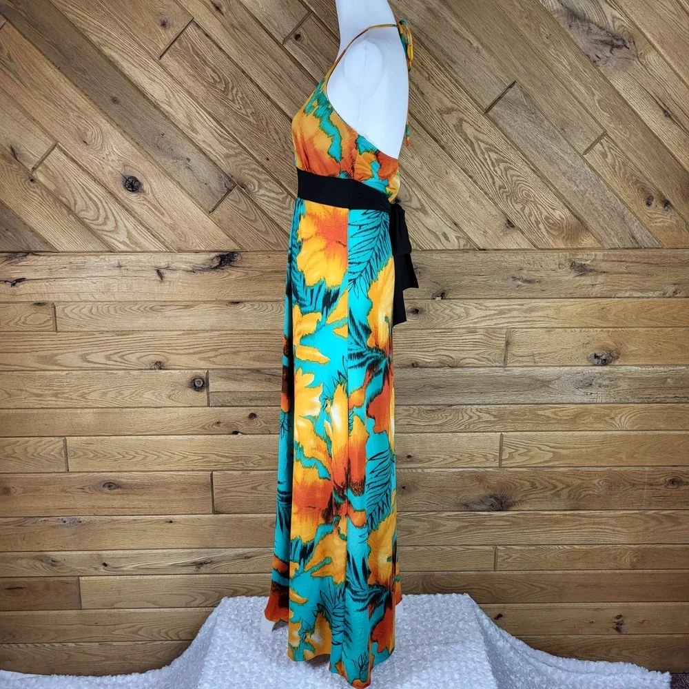 Lipstick Maxi Dress Womens Medium Halter Tropical Floral Sleeveless Teal Orange